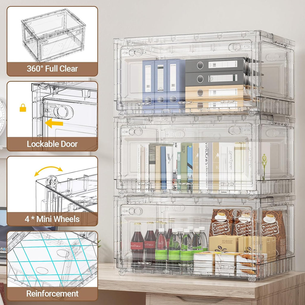 BROVIEW Clear Stackable Storage Bins Drawers, Open Front Large Plastic Storage Bins with Lids, Foldable Closet Organizers and Storage for Wardrobe Cabinets, Pantry, Makeup,4 Pack
