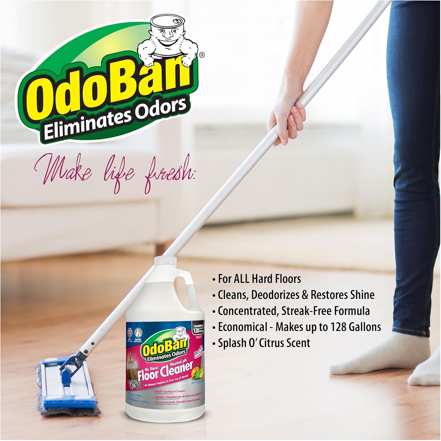 OdoBan Pet Solutions No Rinse Neutral pH Floor Cleaner Concentrate, Made in the USA, Splash O' Citrus Scent, 3 Gallons