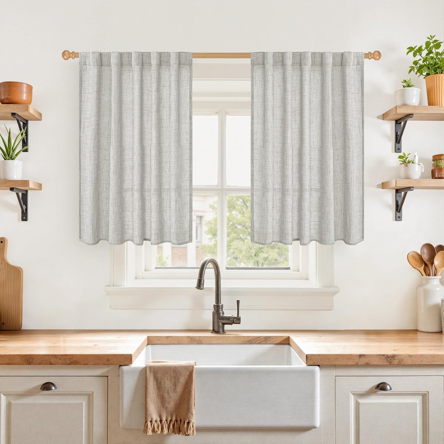 YoungsTex Light Grey Cafe Curtains 36 Inch Length for Short Window, Linen Small Drapes with Rod Pocket Back Tab Light Filtering for Bathroom Kitchen Windows, 2 Panels, 42 X 36 Inch