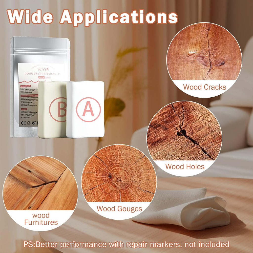 SEISSO Epoxy Putty Filler for Door Frame Repair, 200g/7.05 Oz Fast Repair AB Epoxy Putty, Wood Repair Putty for Cracks, Holes, Wooden Furniture, Cabinets & Composite Panels, Paintable & Stainable