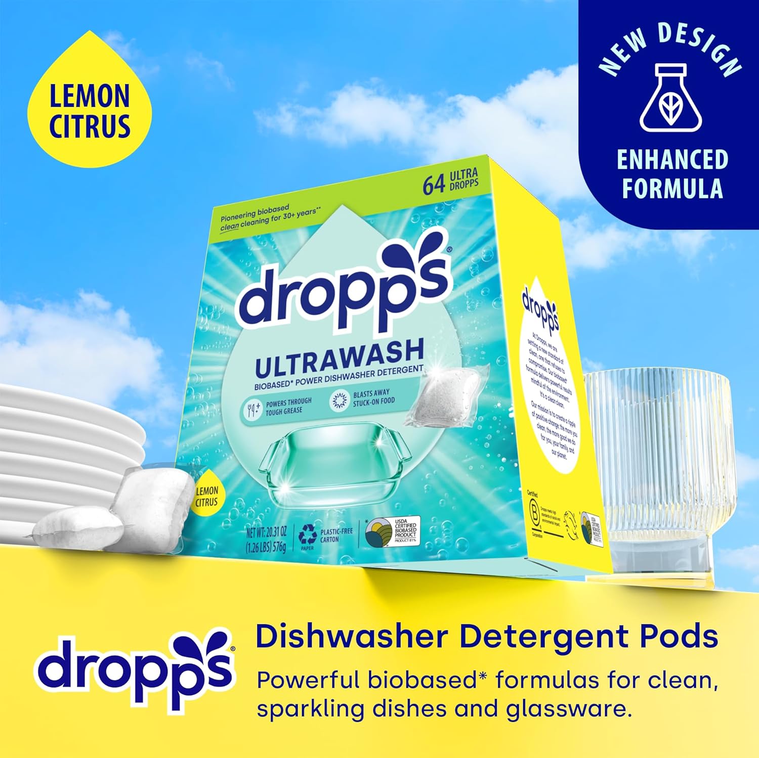 Dropps UltraWash Dishwasher Pods, Lemon Citrus (64 Count) - Biobased Power Deep Clean Dishwasher Detergent Tablets for Sparkling Shiny Dishes - No Rinse Aid or Pre-Wash Needed -Dishwashing Pods