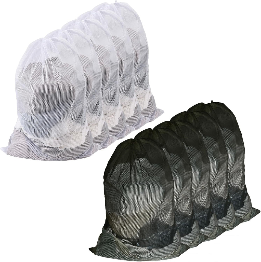 10-Pack Mesh Laundry Bags, 24 × 36 Inch Heavy-Duty Drawstring Mesh Bag Set (5 Black & 5 White) – Large Wash Bags for College, Dorm, Travel, Family & Apartment Use