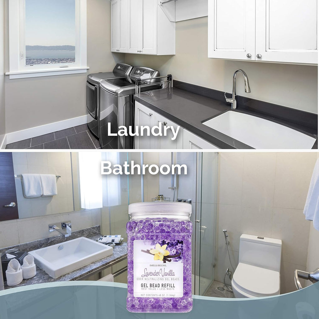 SMELLS BEGONE 48 oz Odor Eliminator Gel Bead Refill - Eliminates Odor from Bathrooms, Boats, Cars, RVs & Pet Areas - Made with Essential Oils - Lavender Vanilla Scent