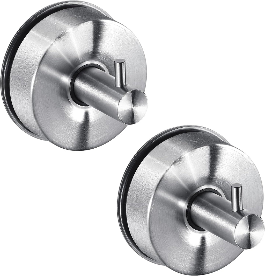 JOMOLA Brushed Stainless Steel Shower & Bathroom Hooks - No Drill Adhesive-Free Suction Cup Hardware, Rustproof Waterproof Metal Wall Mount for Towel Robe, Damage-Free (2-Pack)
