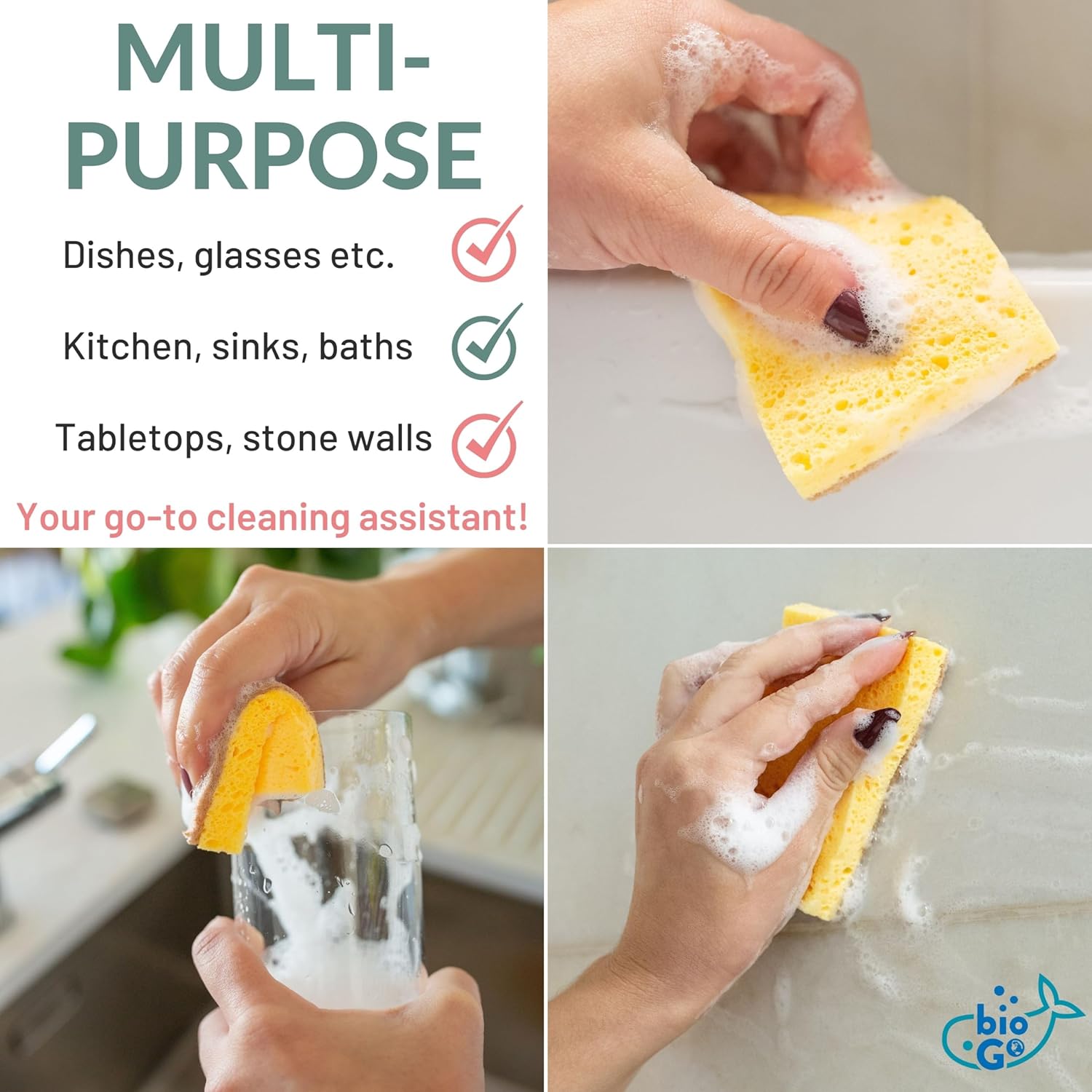 bioGo 24 Pack Biodegradable Kitchen Sponges - Eco-Friendly, Compostable, Natural Cellulose Dish Sponge - Biodegradable - Kitchen