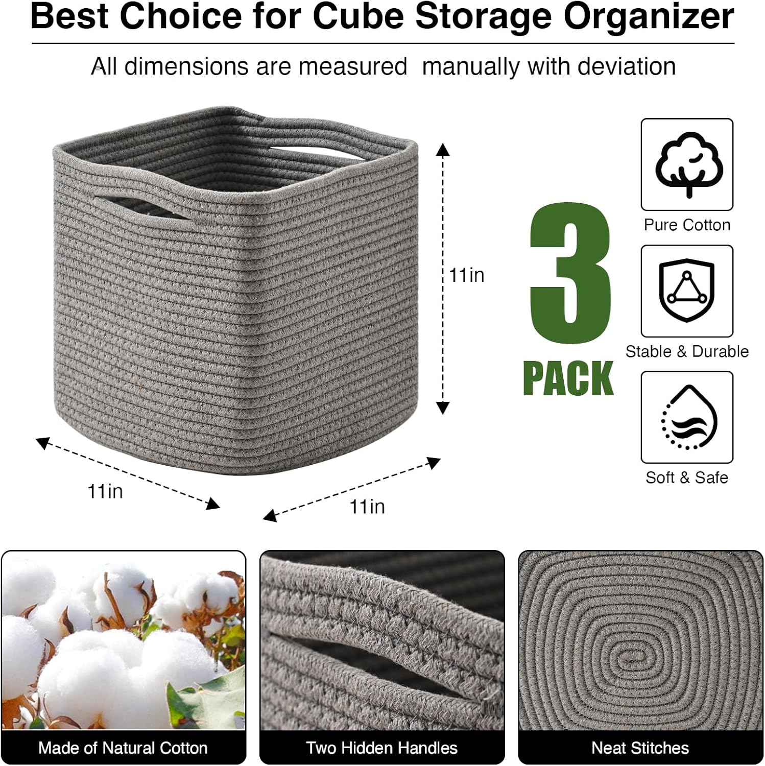 11 Inch Cube Storage Bins, Storage Cube Organizer Bins, Woven Cotton Rope Basket for Storage, Storage Baskets for Organizing Shelves, Grey Baskets for Toys Nursery, Grey (Pack of 3)