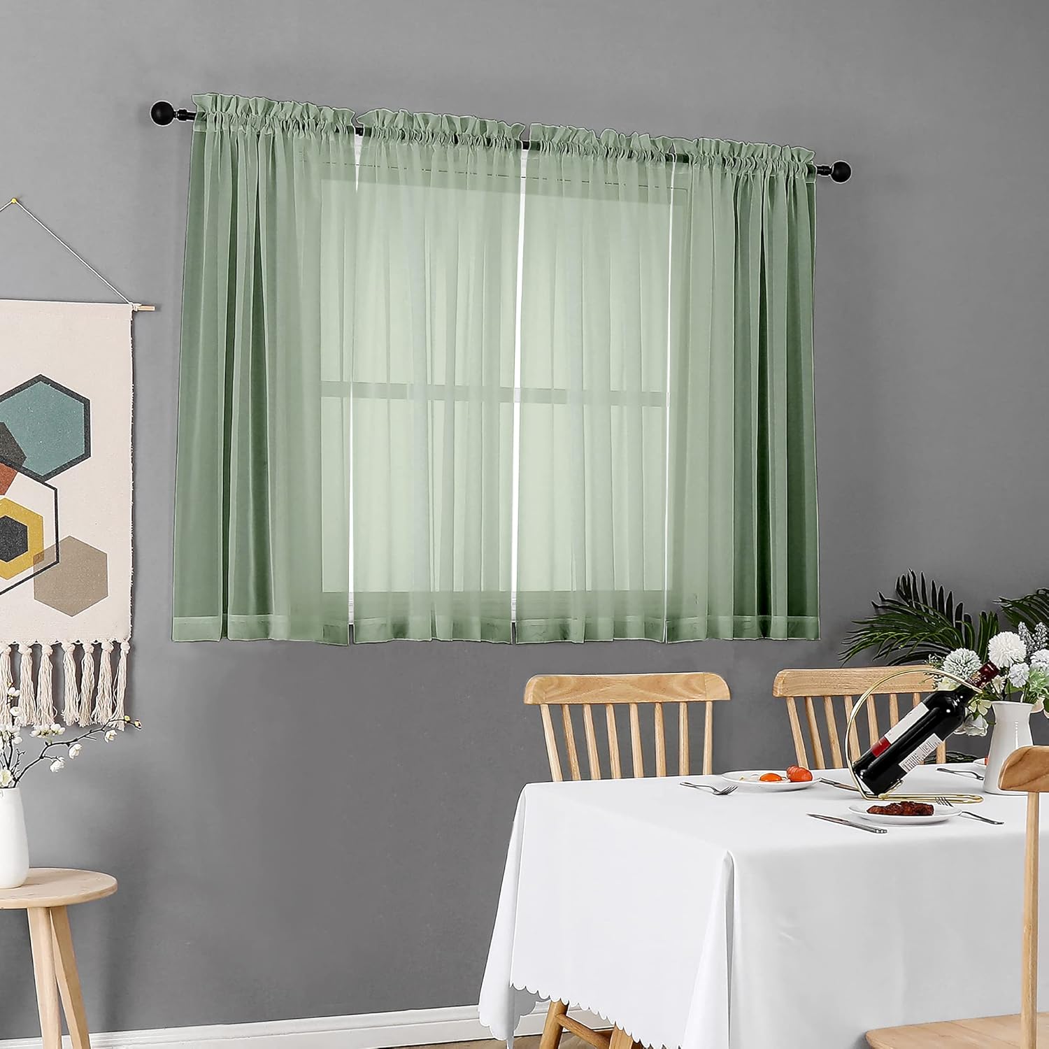 Chyhomenyc Sage Green Sheer Curtains 45 Inch Long 2 Panels, Short Voile Rod Pocket Drapes for Dinning Small Windows Bathroom Living Room Bedroom, 42Wx45L Inches