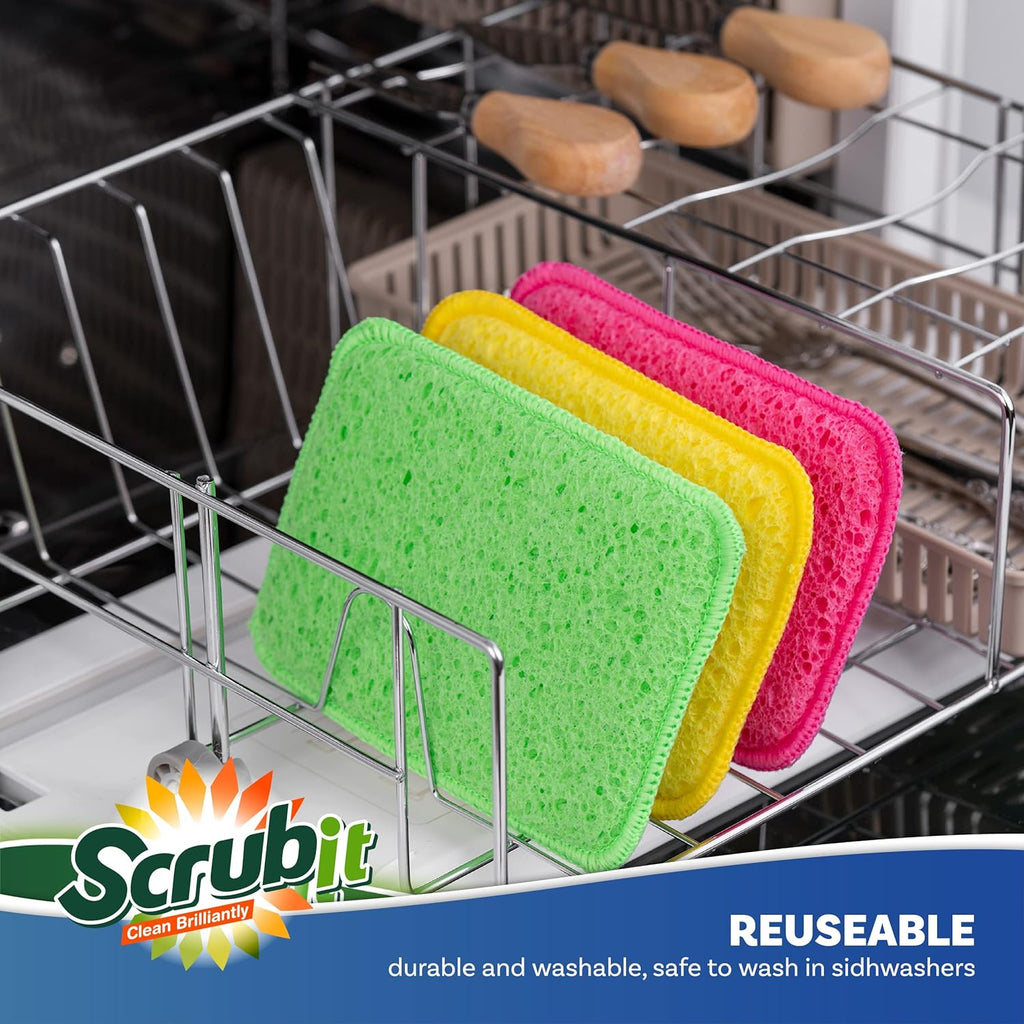 Scrub and Wipe Cleaning Pads [10 Pack] – SCRUBIT Dual Sided Scouring Pad and Sponge - Reusable Kitchen Scrubbing Sponges for Dishes, Pots, Pans Utensils & Non-Stick Cookware (Green)
