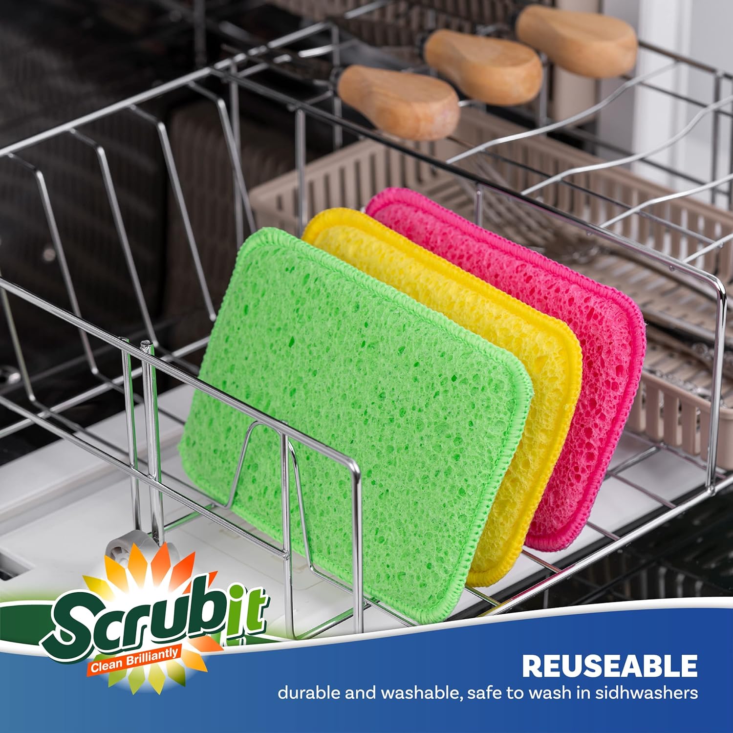 Scrub and Wipe Cleaning Pads [10 Pack] – SCRUBIT Dual Sided Scouring Pad and Sponge - Reusable Kitchen Scrubbing Sponges for Dishes, Pots, Pans Utensils & Non-Stick Cookware (Green)