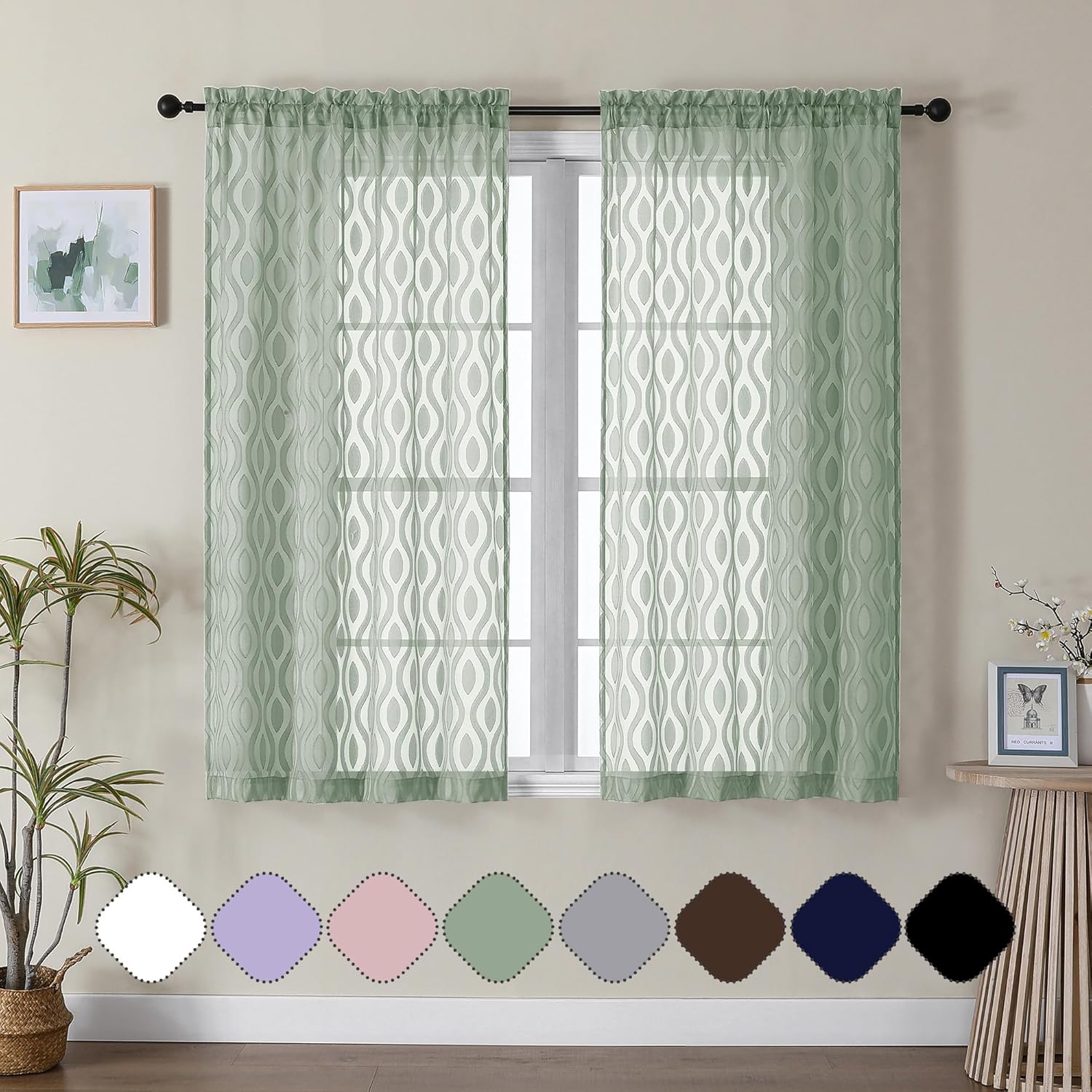 Aiyufeng Sheer Green Curtains 54 Inch Length 2 Panels, Soft Lightweight Clip Jacquard Textured Farmhouse for Bedroom, Modern Wavy Line Voile Sheer for Living Room, 40" Wx54 L Inches