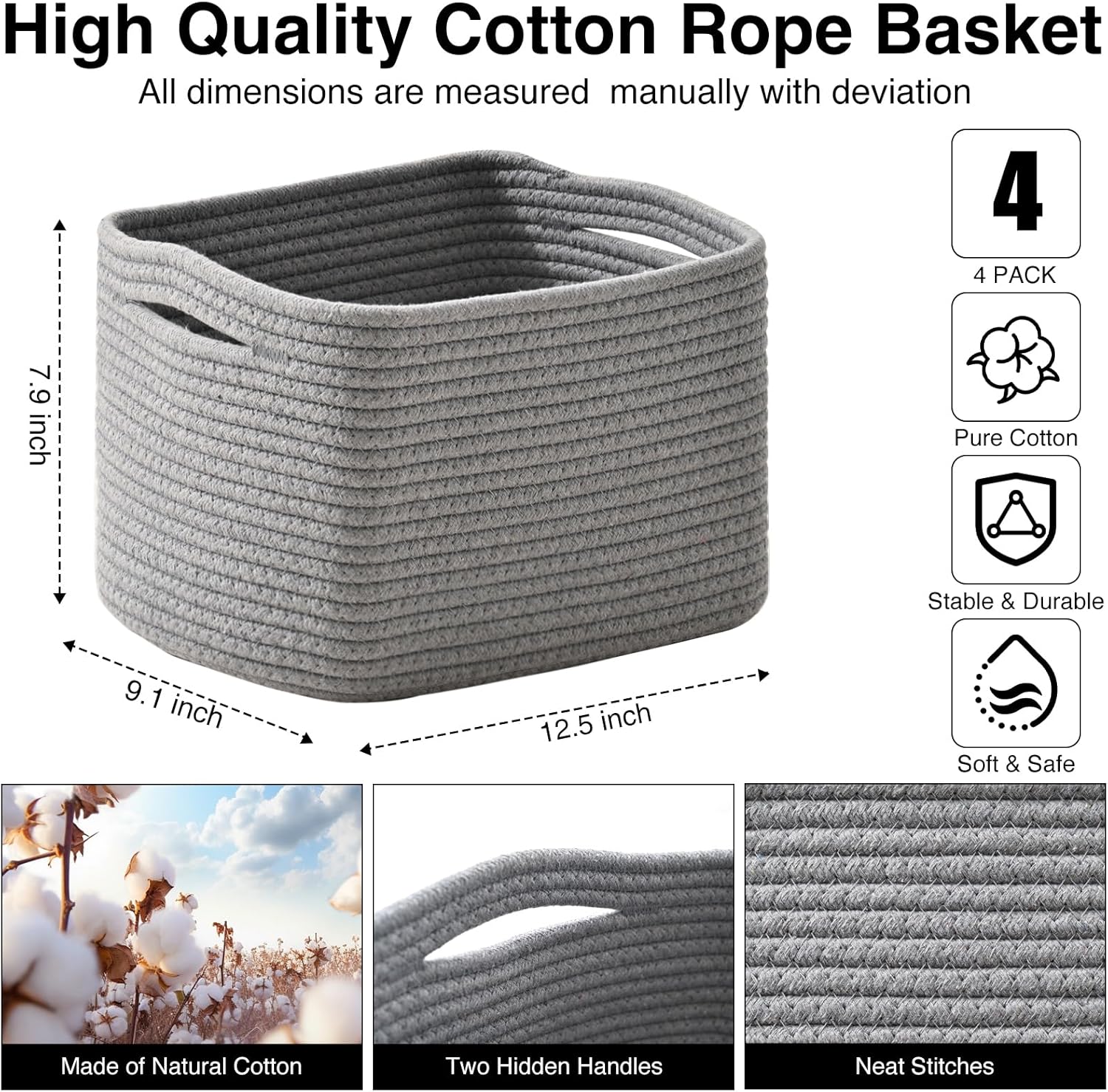 Small Storage Baskets for Shelves Organizing, Woven Cotton Rope Baskets for Storage, Book Basket, Decorative Shelf Basket, 12.5"Lx9.1''Wx7.9''H (4 Packs) Grey