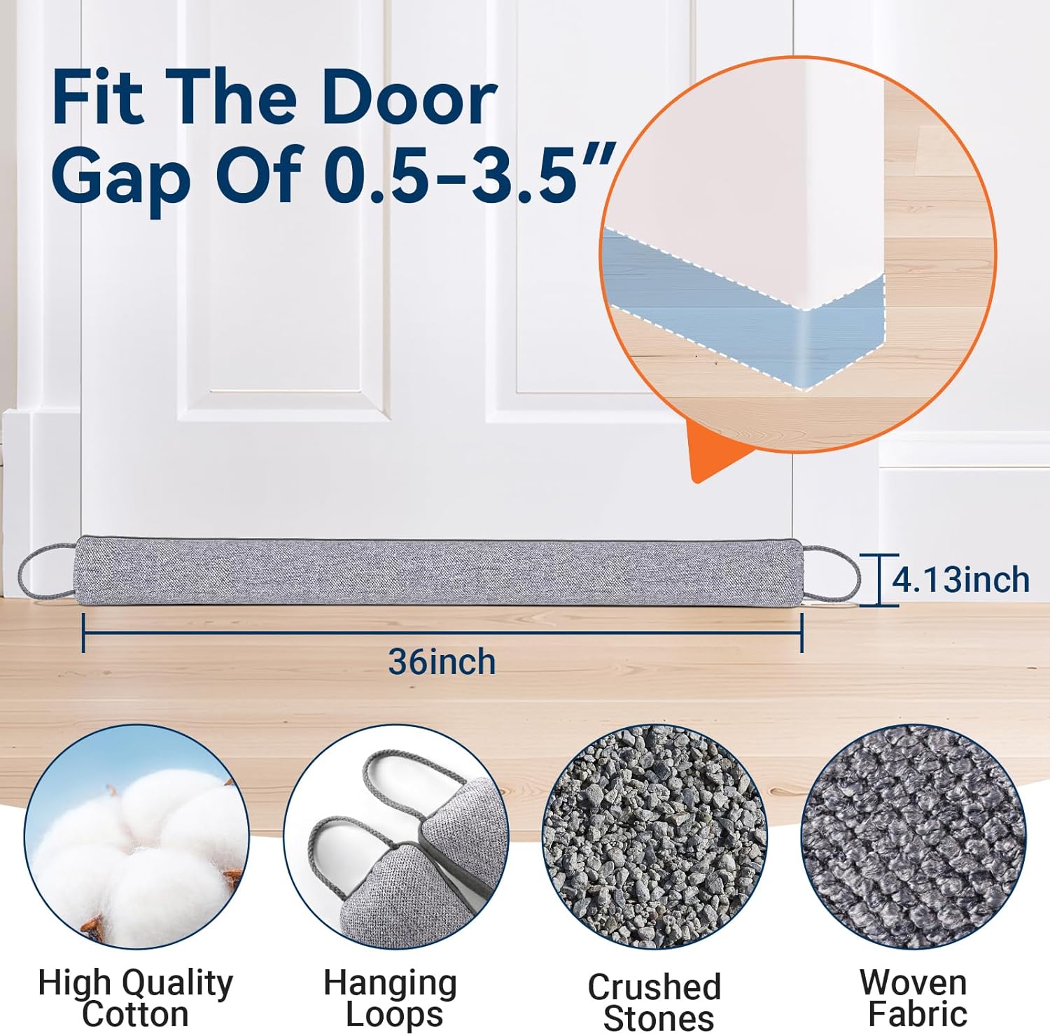 Door Draft Stopper for Bottom of Door, 36’’ Heavy Duty Under Door Draft Blocker Gap Filler, Door Seal for Noise Light Cold Air, with Adhesive Strips, Dark Gray