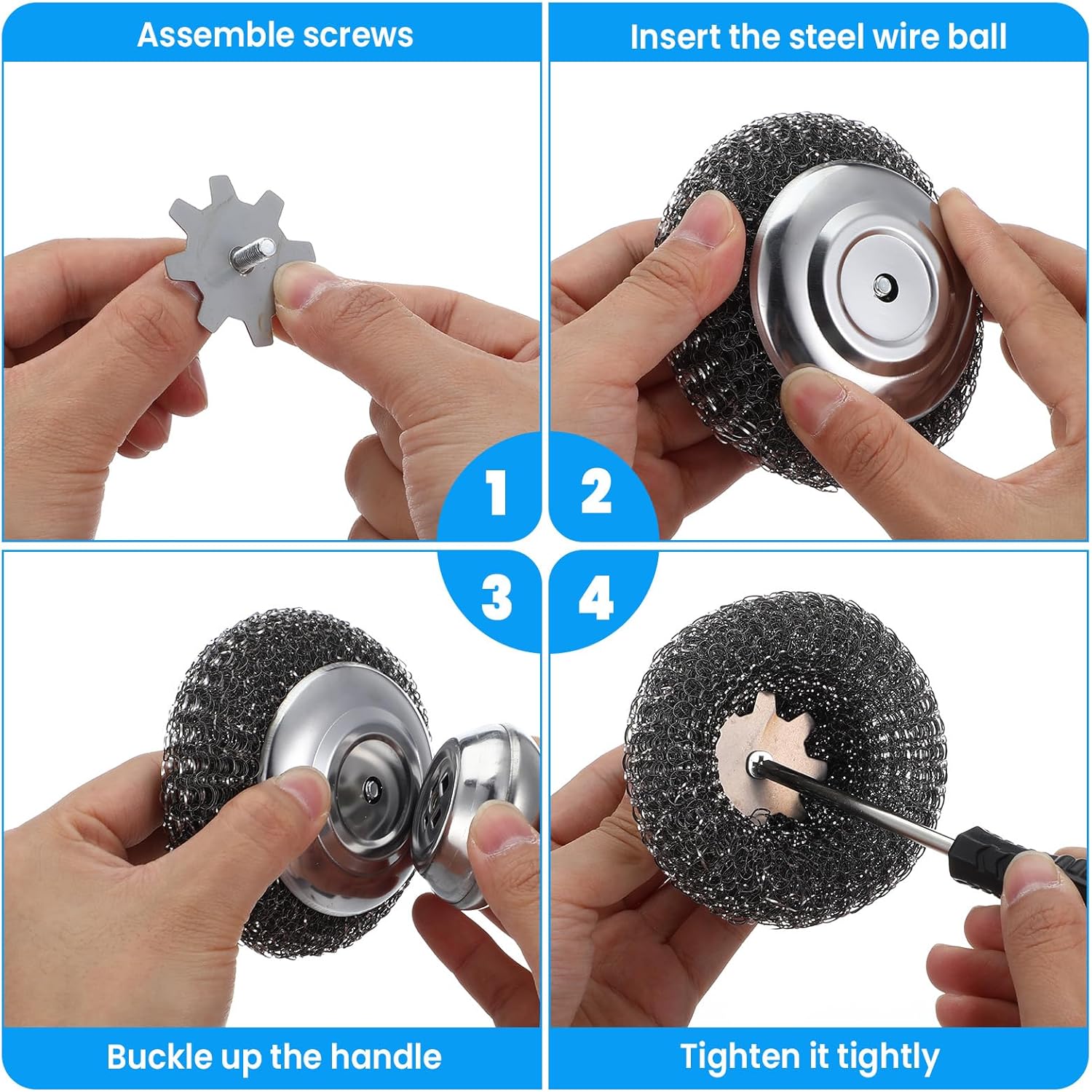 4 Pcs Steel Wool Scrubber with Handle Heavy Duty Metal Pot Scrubber Brush 16 Pcs Stainless Wool for Cleaning Dishes Pans Steel Scouring Pad for Kitchen Cast Iron Sink Griddles Grills