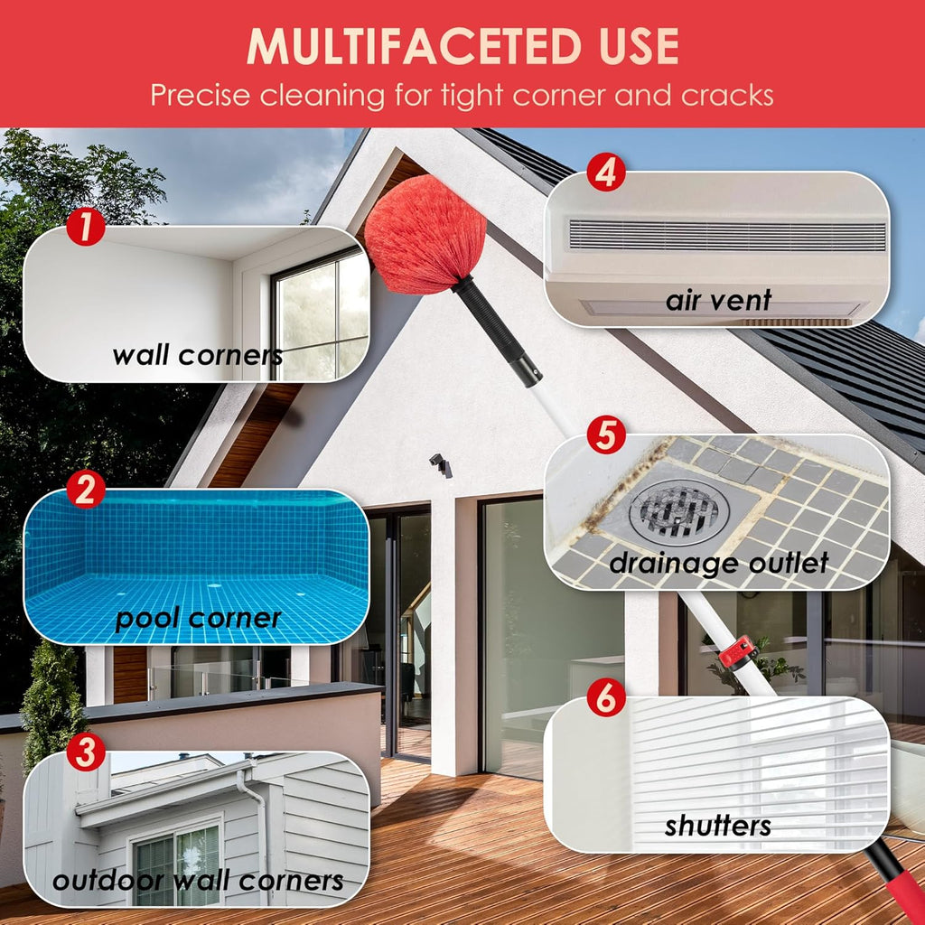 6-24 FT Cobweb Duster with Extension Pole, 30 FT High Reach Spider Web Brush with Telescopic Pole, Extendable Duster with 2 Outdoor Cobweb Brushes, Duster for High Ceiling