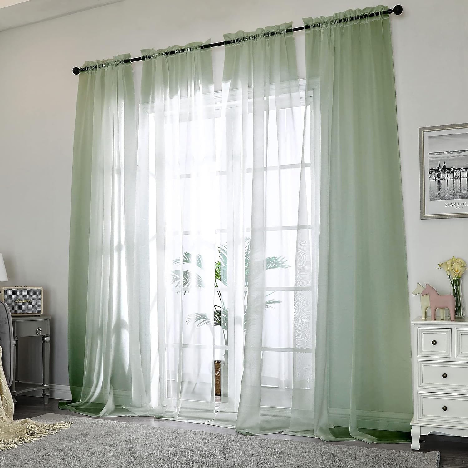 Chyhomenyc Living Room Sheer Curtains 96 Length 2 Panels Set for French Door, Gorgeous Window Decoration for Wedding & Party & Backdrop & Canopy, Sage Green, Each 42Wx96L in, 8 Feet