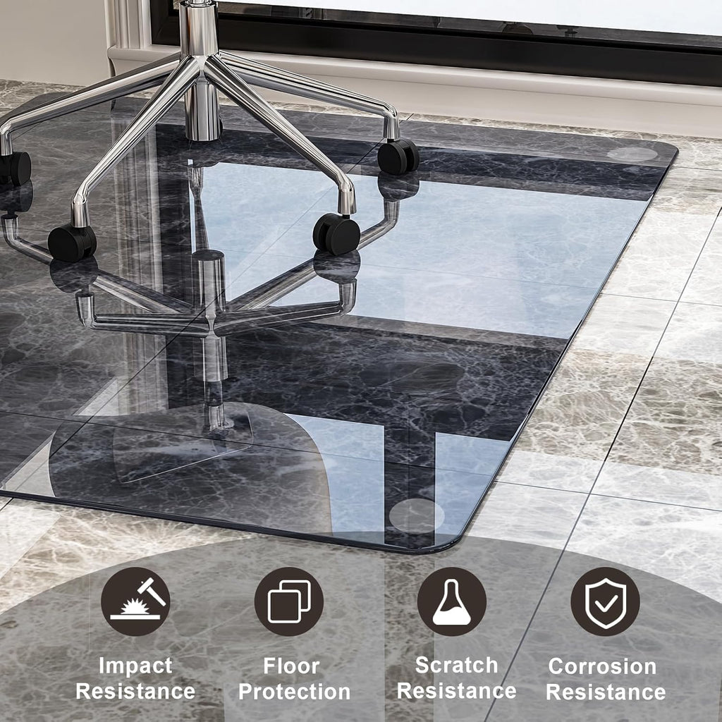 GLSLAND Office Chair Mat, 36" x 46" Grey Tempered Glass Floor Mat for Office Chair on Carpet, 1/6" Thick Computer Floor Mat with 4 Anti-Slip Pads