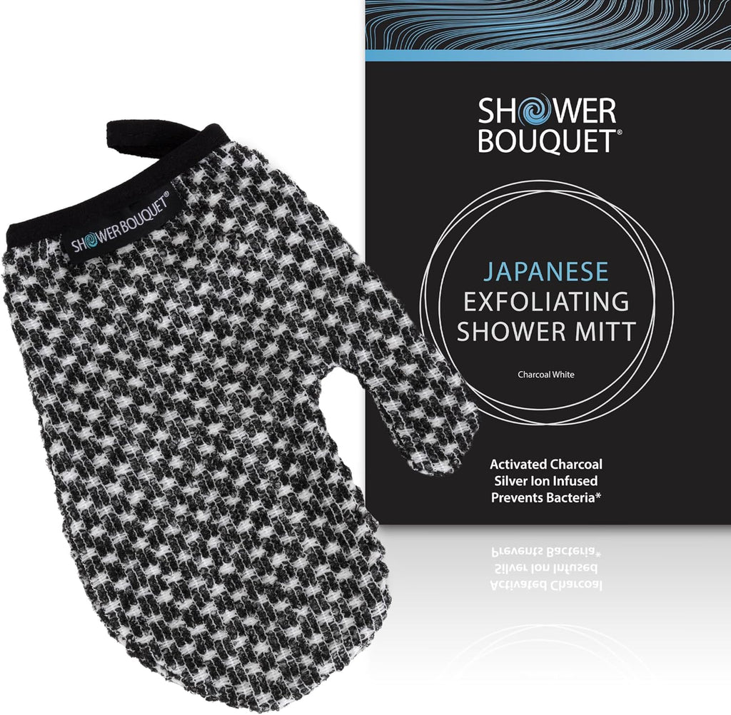 Japanese Exfoliating Mitt for Shower [1-Pack, White] - Charcoal & Silver Ion Exfoliating Glove - Gentle Exfoliation & Deep Cleansing Shower Mitt - Exfoliating Body Scrubber Glove, Soft Fabric Inside