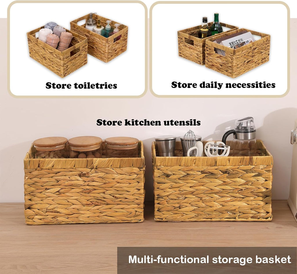 Rectangular Storage Basket 2PCS Water Hyacinth Baskets,Hand-Woven Baskets with Handles,12.99x7.08x8.26″for Living Bedroom Organizing Shelves