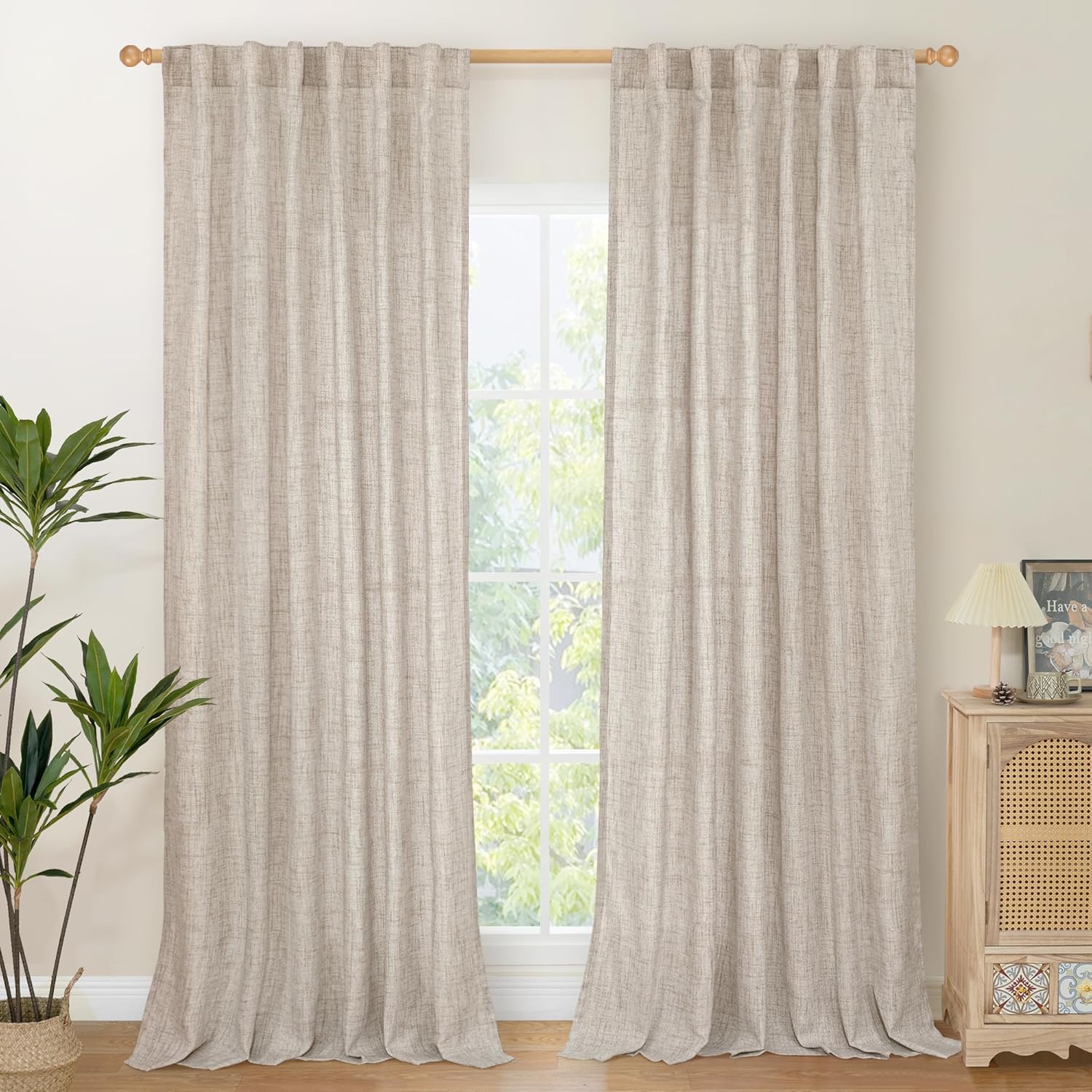 YoungsTex 84 Inch Length Linen Curtains for Living Room 2 Panels - Semi Sheer Drapes with Rod Pocket Back Tab Light Filtering Window Treatments for Bedroom Dining, Natural, 52 X 84 Inch