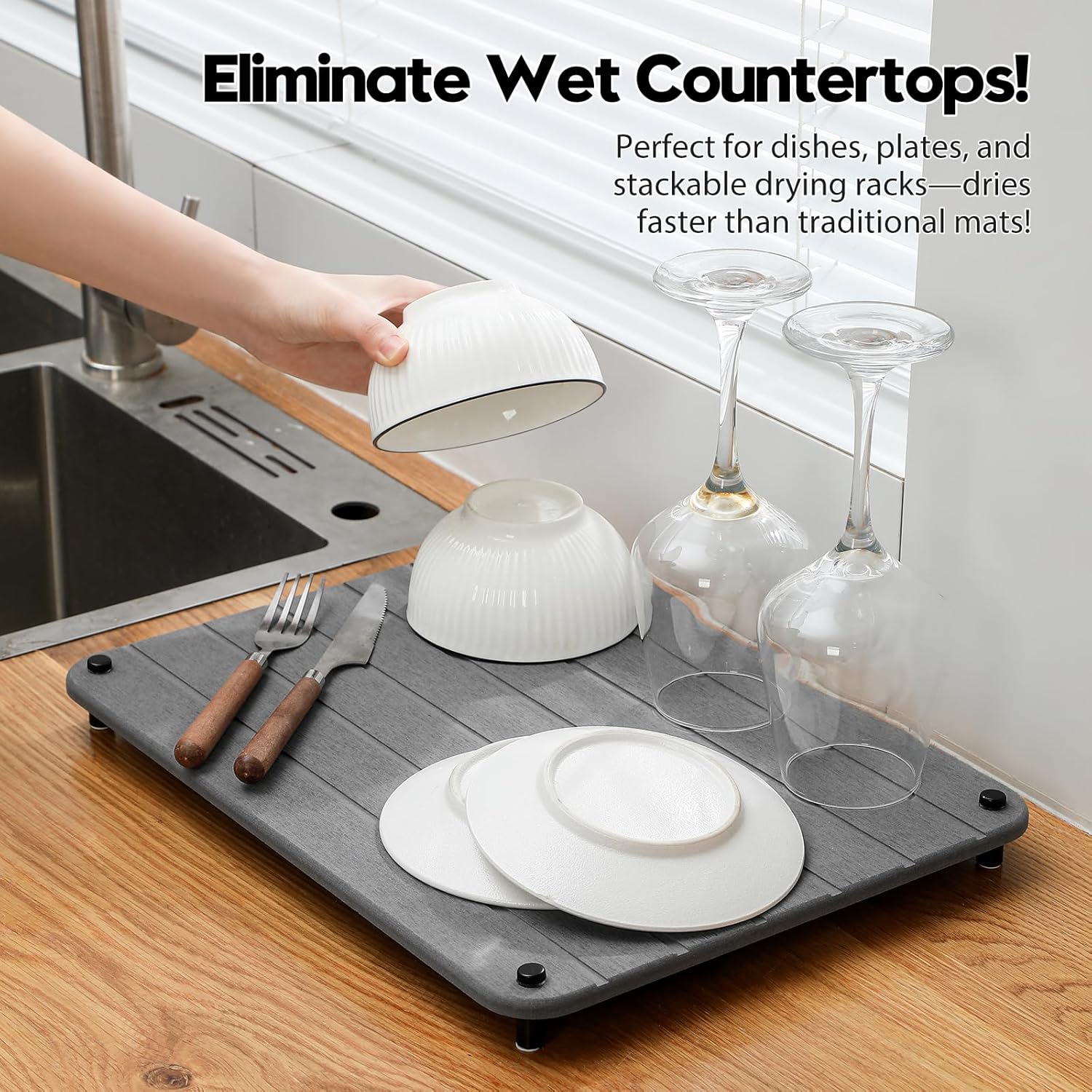 Stone Dish Drying Mat for Kitchen Counter, Water Absorbing Bathroom Tray Sink Organizer, Diatomaceous Earth Countertop Dish Rack Riser Sponge Holder Soap Dish, Dark Gray, 16" x 12"