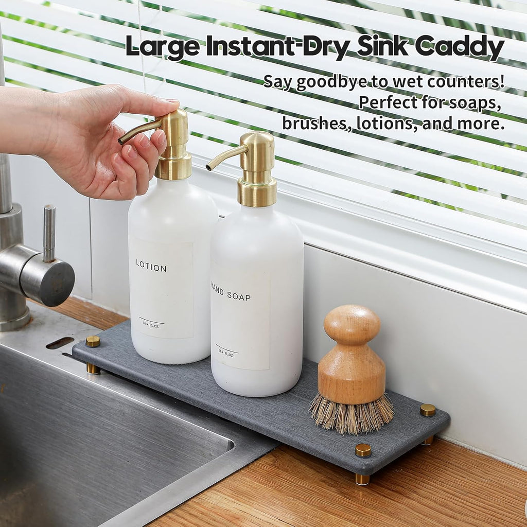 Kitchen Sink Caddy Water Absorbing Stone Drying Tray, Diatomite Bathroom Sink Organizer, Faucet Counter Mat Coaster, Soap Dish Rack Riser Dispenser Sponge Holder, Dark Gray Gold -12.5" x 4.5"