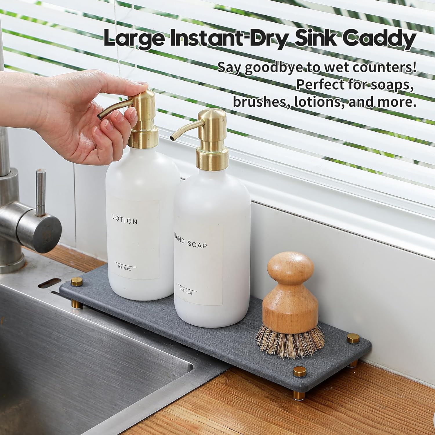 Kitchen Sink Caddy Water Absorbing Stone Drying Tray, Diatomite Bathroom Sink Organizer, Faucet Counter Mat Coaster, Soap Dish Rack Riser Dispenser Sponge Holder, Dark Gray Gold -12.5" x 4.5"