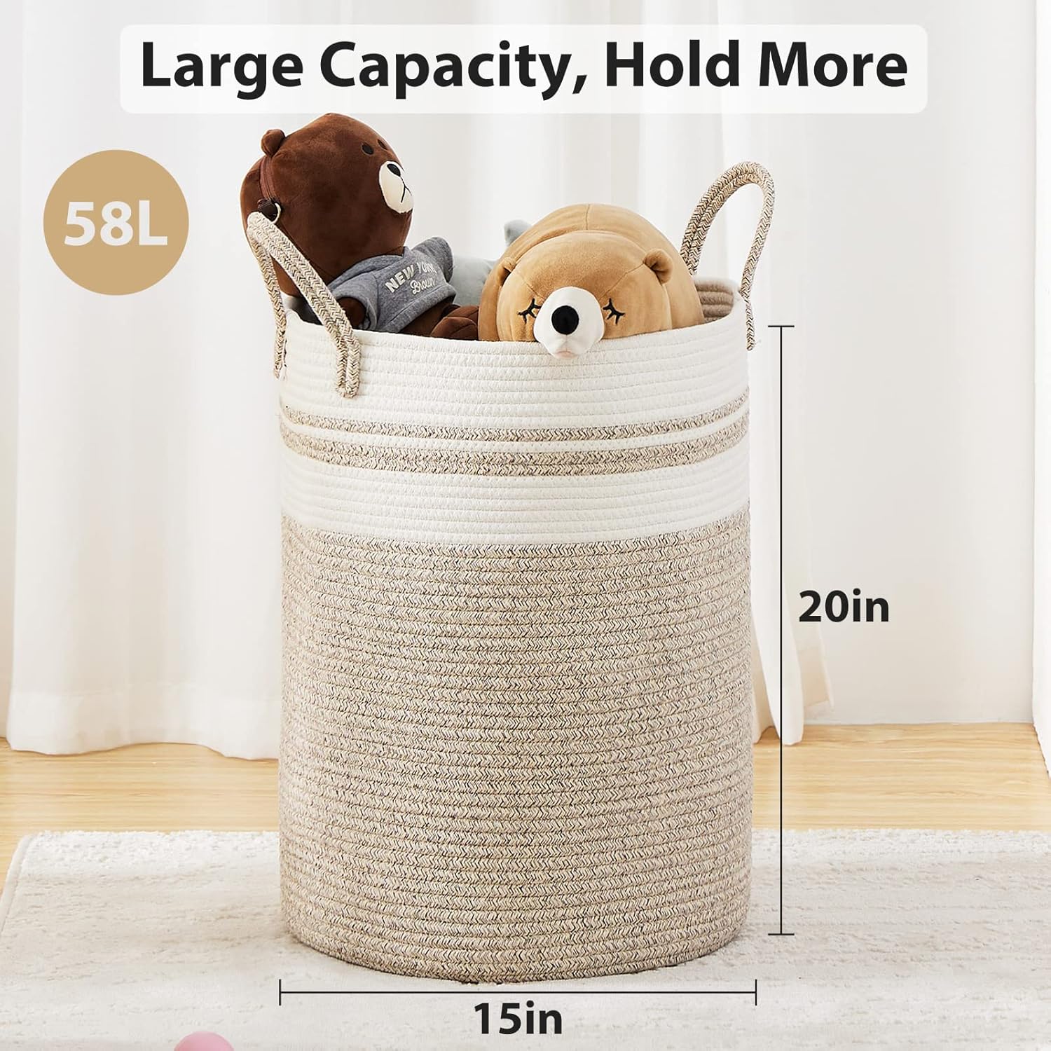 Large Laundry Hamper, Tall Woven Storage Basket for Blankets, Cotton Baby Nursery Hamper, Toys and Dirty Clothes in Bedroom and Living Room Organizing - 58L Brown & White