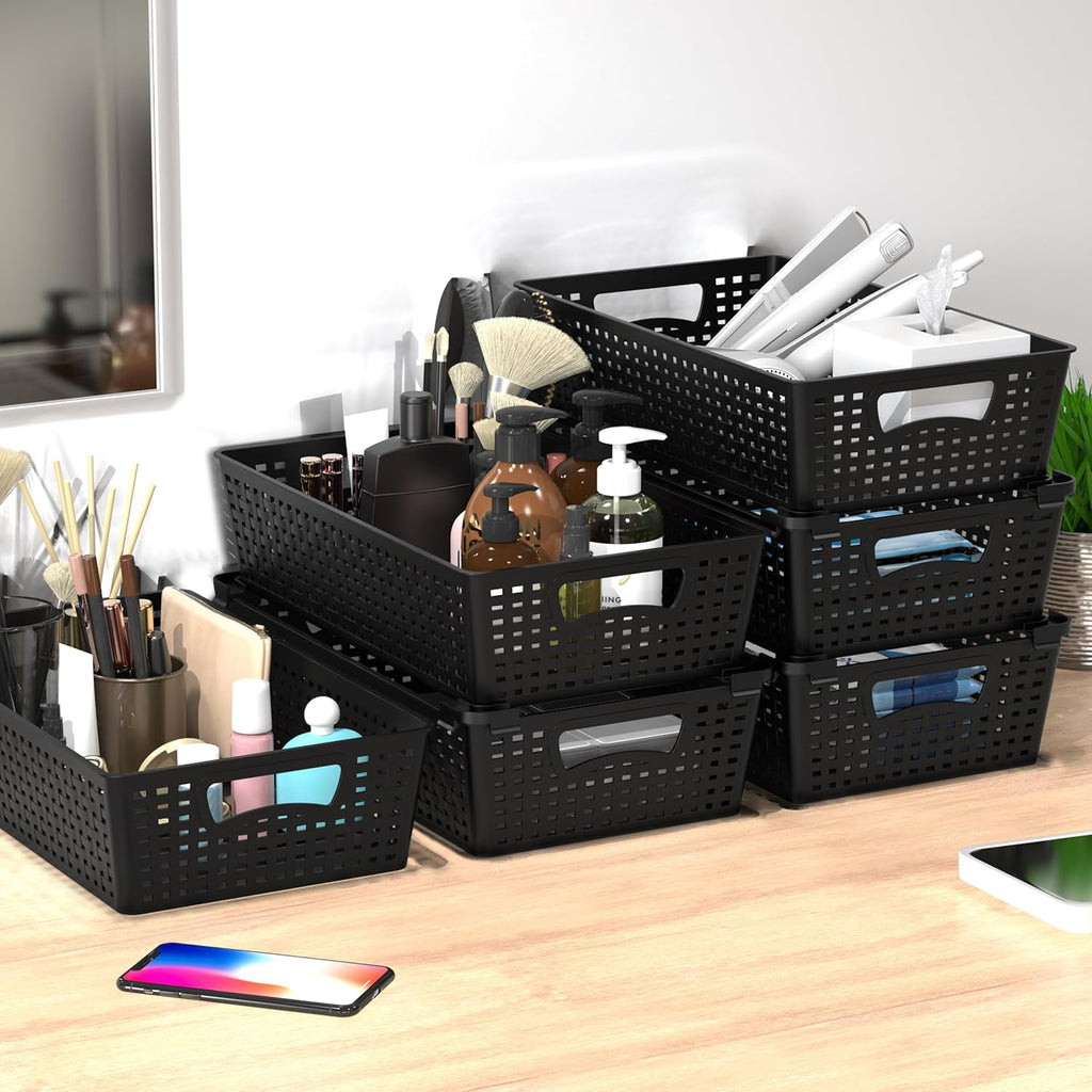 Simple Houseware Stackable Plastic Woven Basket Organizer, 6 Pack, 14.5" x 8.5" x 3.5", Black
