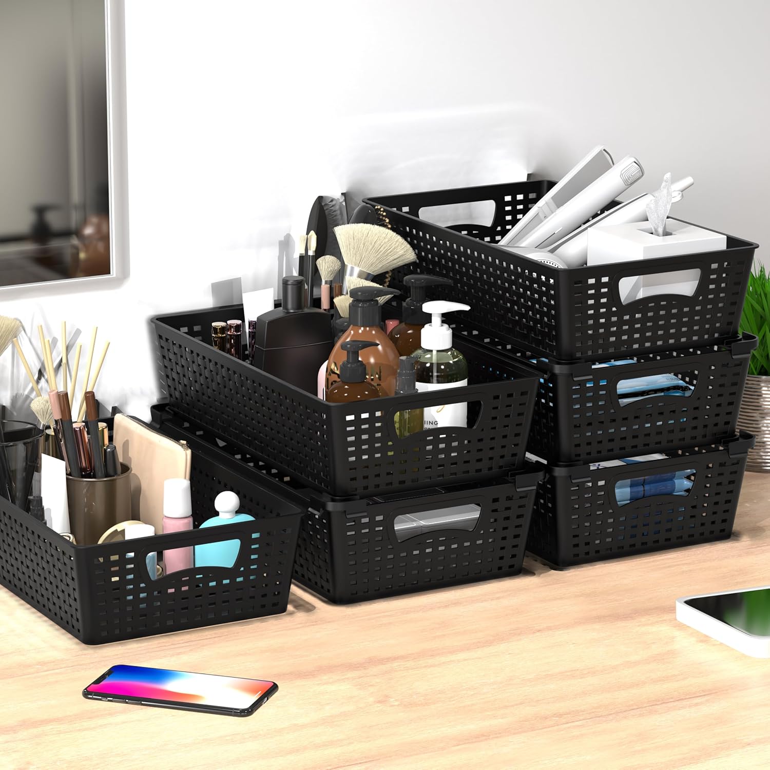 Simple Houseware Stackable Plastic Woven Basket Organizer, 6 Pack, 14.5" x 8.5" x 3.5", Black