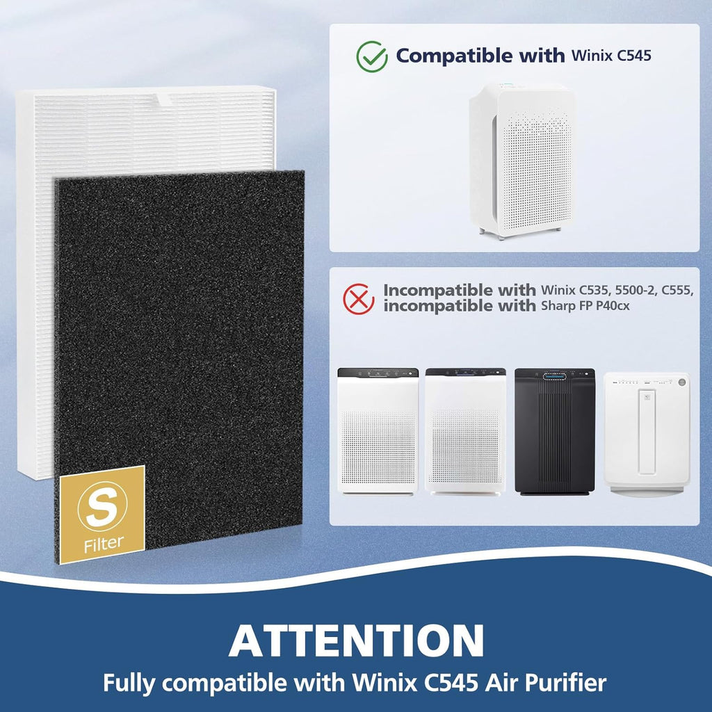 C545 HEPA Replacement Filter S Compatible with Winix C545 Air Purifier, Replaces Part 1712-0096-00 and 2522-0058-00, 1 HEPA Filter + 4 Activated Carbon Filters, 1 Pack