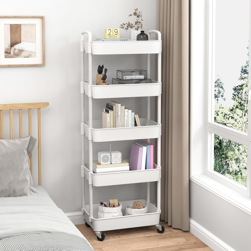 Sywhitta 5-Tier Plastic Rolling Utility Cart with Handle, Multi-Functional Storage Trolley for Office, Living Room, Kitchen, Movable Storage Organizer with Wheels, White