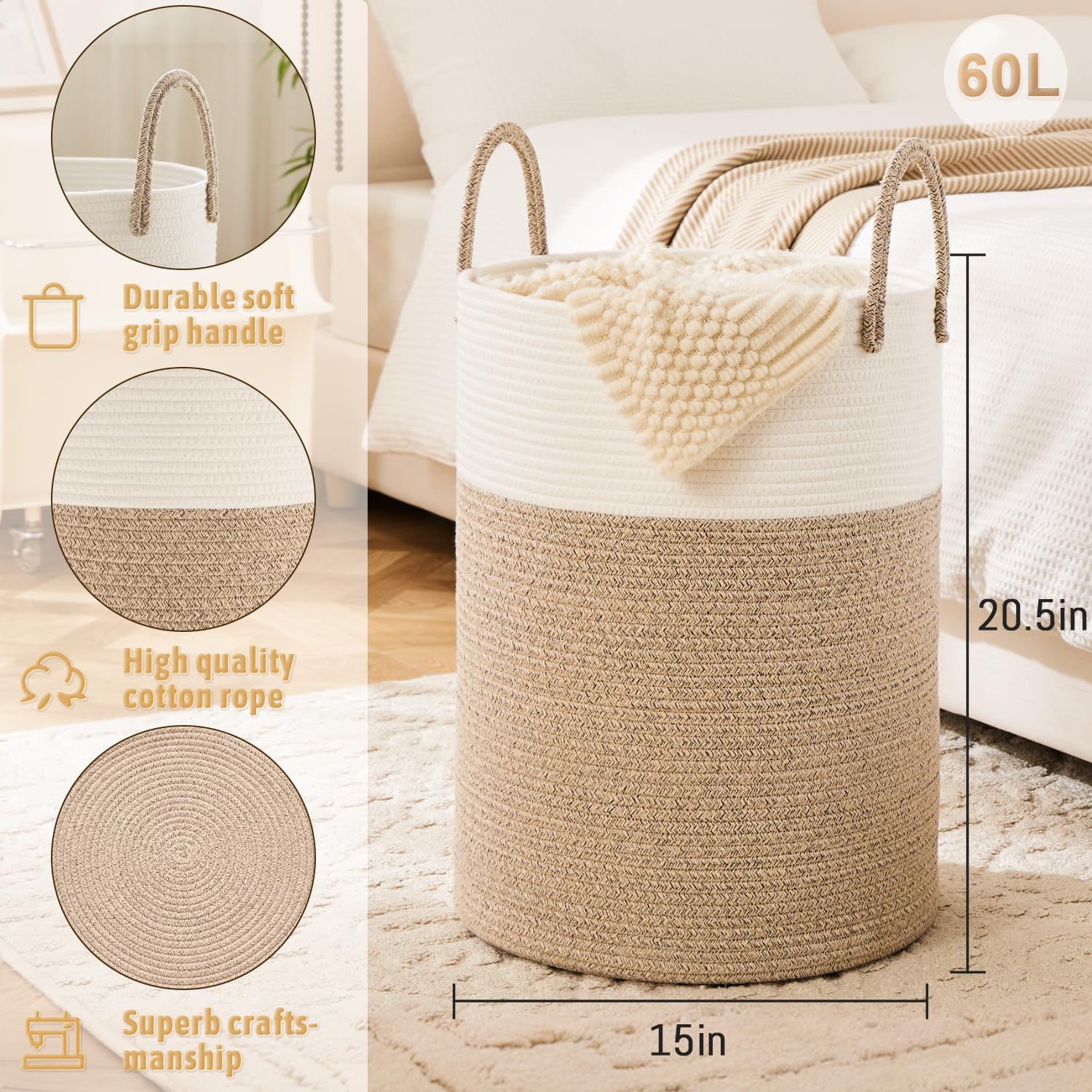 Laundry Basket,Woven Cotton Rope Laundry Hamper,60L for Decor Storage of Dirty Clothes,Toys and Blankets in Bathroom,Baby Room and Living Room