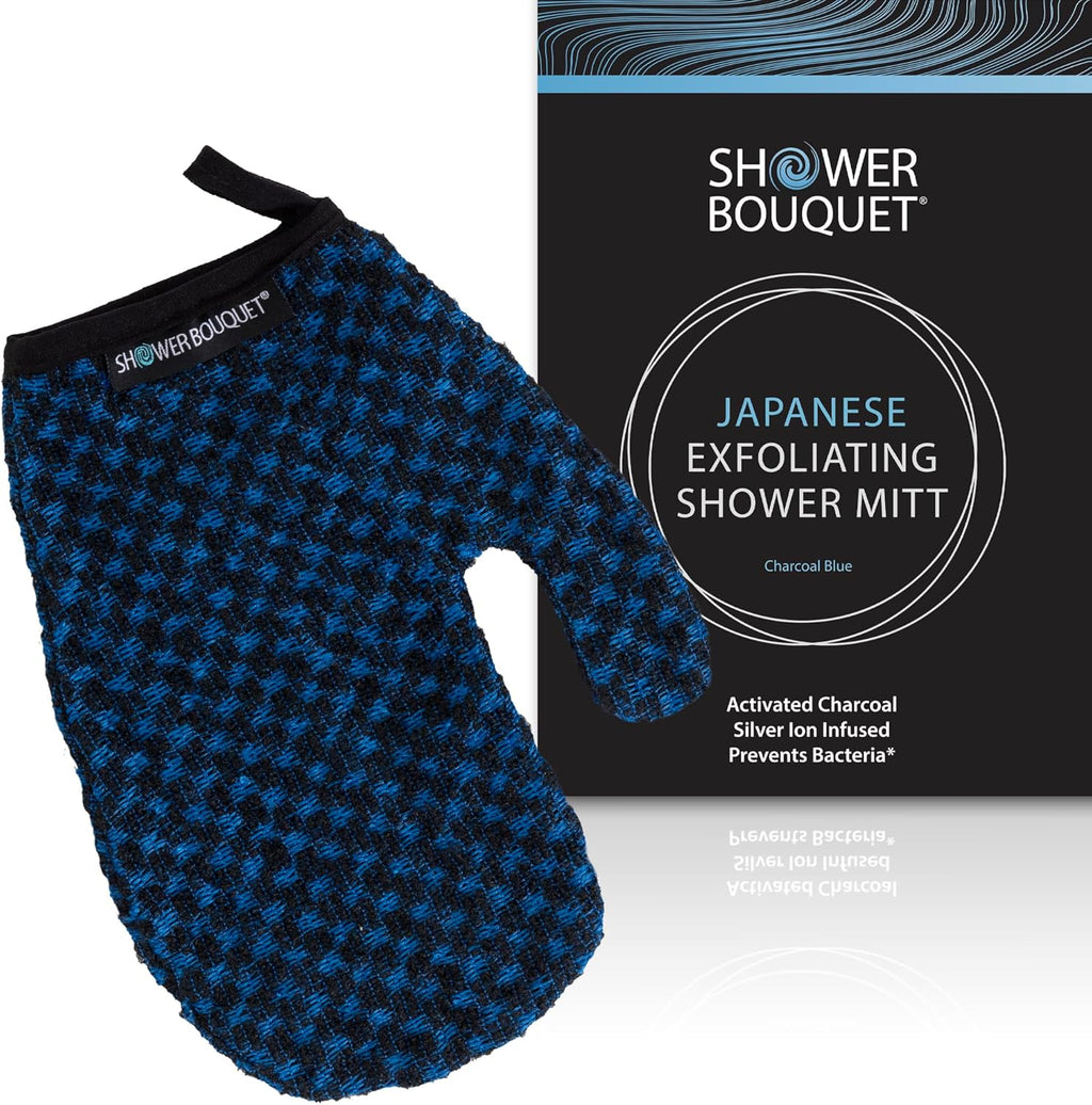 Japanese Exfoliating Mitt for Shower [1-Pack, Blue] - Charcoal & Silver Ion Exfoliating Glove - Gentle Exfoliation & Deep Cleansing Shower Mitt - Exfoliating Body Scrubber Glove, Soft Fabric Inside