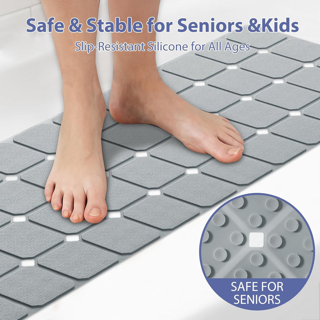 Bathtub Mat Non Slip Silicone Foldable Extra Long Tub Mat Strong Suction Cups & Large Drain Holes, Durable,Machine Washable for Smooth Surfaces Shower Mat, Ideal for Families Beige,15"x40" Grey