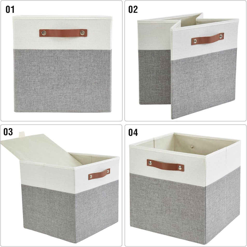 Collapsible Fabric Storage Cube Bins with 2 Reinforced PU Handles, Foldable Storage Organizer Baskets for Closet, Shelves, Living Room | 13"x13"x13", 4 Pack, Gray & White