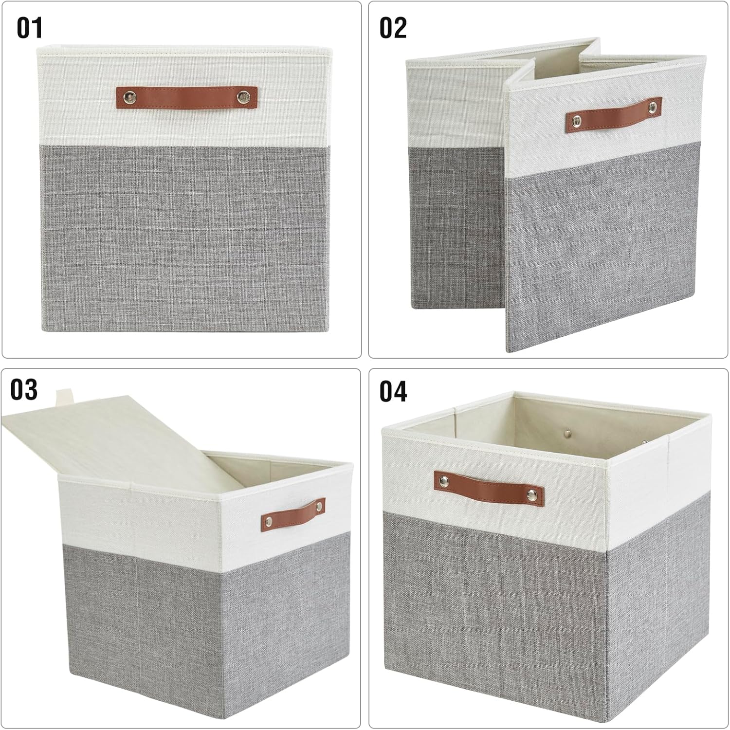Collapsible Fabric Storage Cube Bins with 2 Reinforced PU Handles, Foldable Storage Organizer Baskets for Closet, Shelves, Living Room | 13"x13"x13", 4 Pack, Gray & White