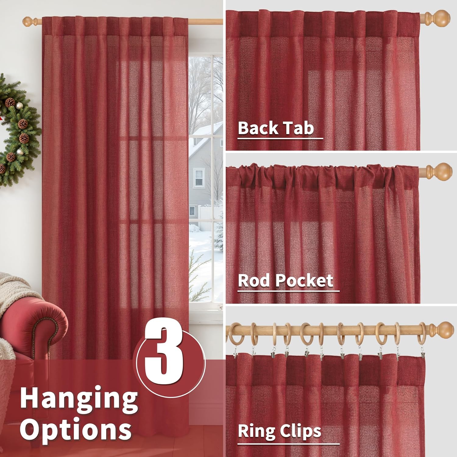 YoungsTex Red Linen Curtains 45 Inch Length for Kitchen, Short Window Drapes with Rod Pocket Back Tab Light Filtering Christmas Decor for Bathroom Cafe, 2 Panels, 42 X 36 Inch
