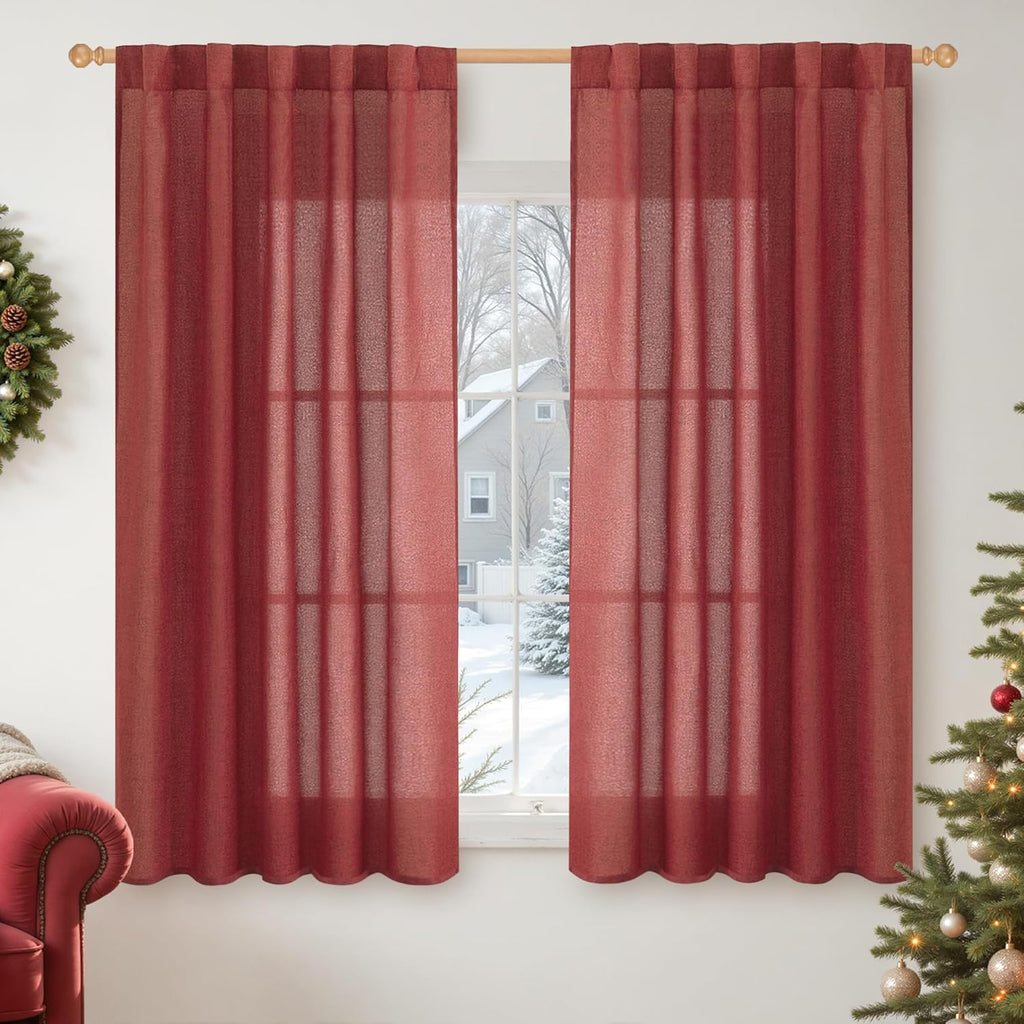 YoungsTex Red Linen Curtains 45 Inch Length for Kitchen, Short Window Drapes with Rod Pocket Back Tab Light Filtering Christmas Decor for Bathroom Cafe, 2 Panels, 42 X 36 Inch