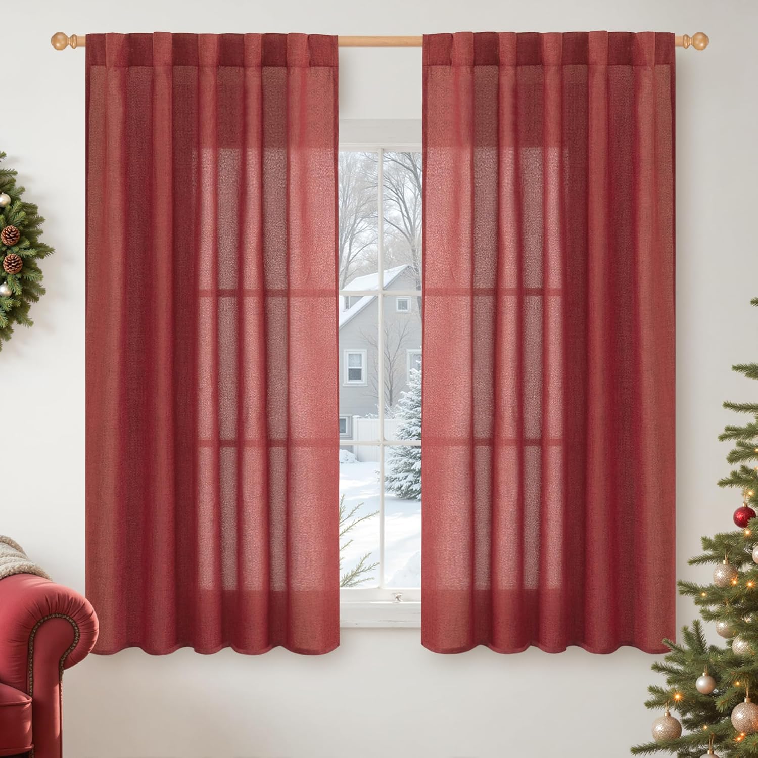 YoungsTex Red Linen Curtains 54 Inch Length for Kitchen, Light Filtering Semi Sheer Small Window Drapes Rod Pocket Back Tab for Christmas Living Room Cafe, 2 Panels, 42 X 54 Inch