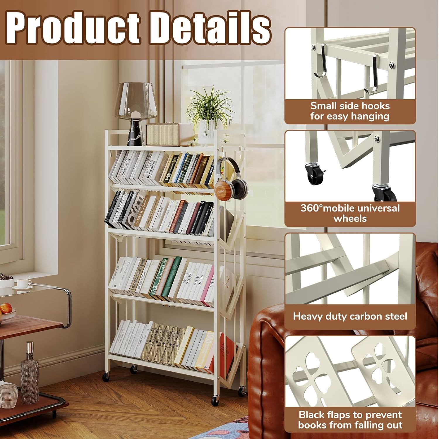 Book Carts 5 Tier 57.7x35.4x9.84 in Rolling Book Cart Large Capacity Bookshelf Storage Rack Mobile Book Storage with Wheels Cart for Home Office Living Room Classroom (5 Tier White)