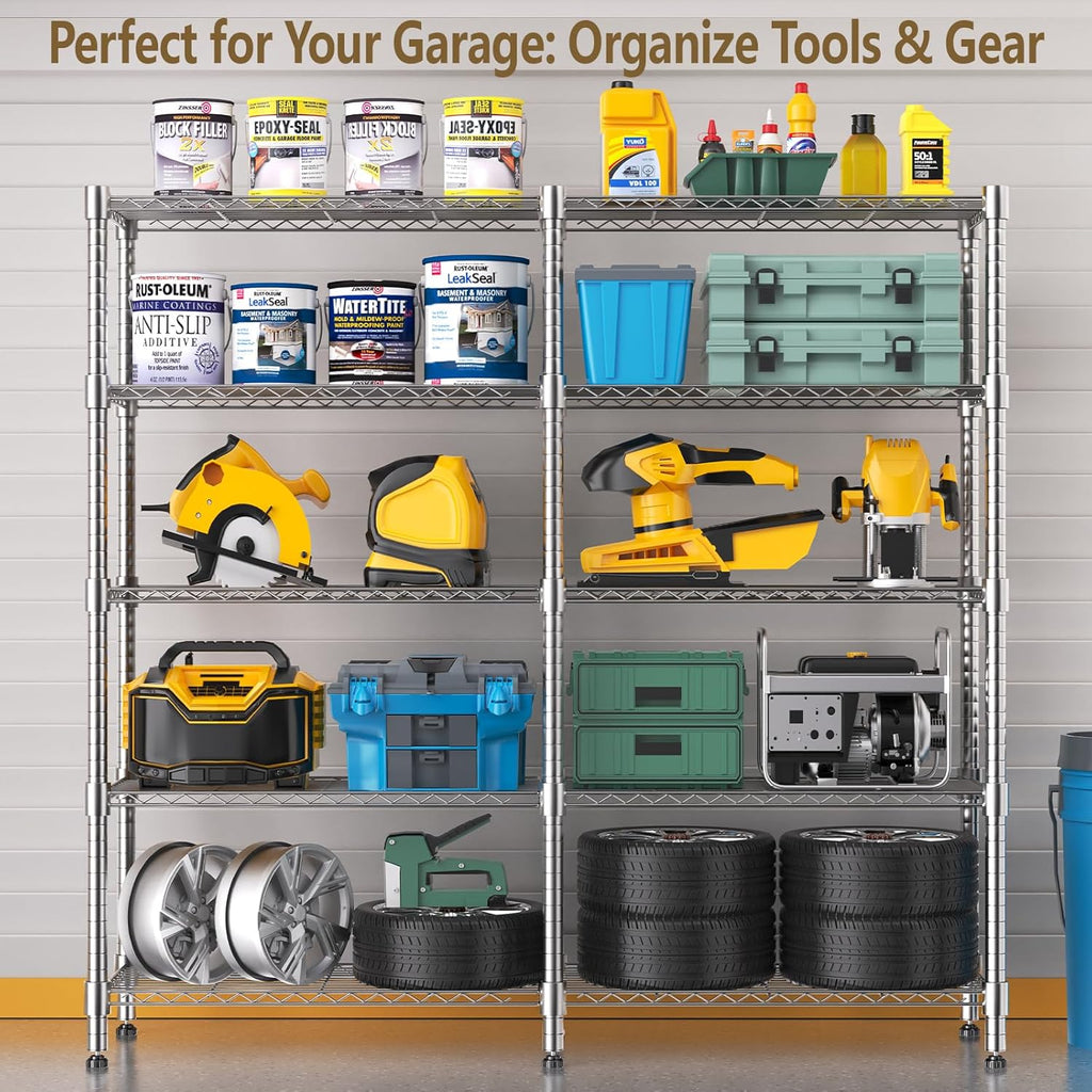 Himimi Storage Shelves-5 Tier Heavy Duty Wire Shelving Unit with Leveling Feet, 1500LBS Adjustable Metal Shelves Organizer for Kitchen Garage Pantry Laundry, 60" W*14" D*72" H, Silver