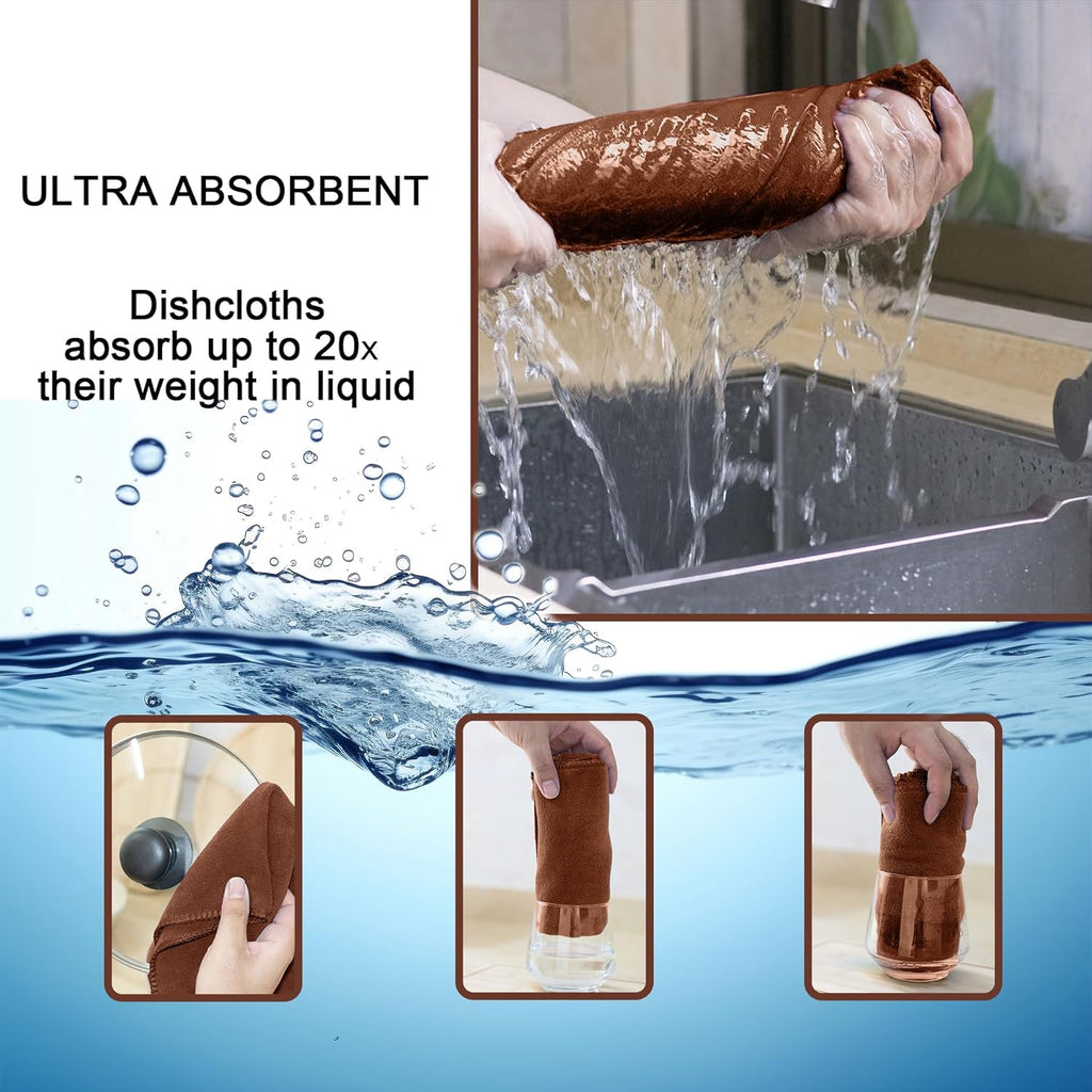 kimteny 13x28 Inches Kitchen Cloth Dish Towels, 400 GSM Premium Dishcloths, Super Absorbent Coral Velvet Microfiber Cleaning Cloths, Fast Drying Rags for Washing Dishes (6 Pack, Brown)