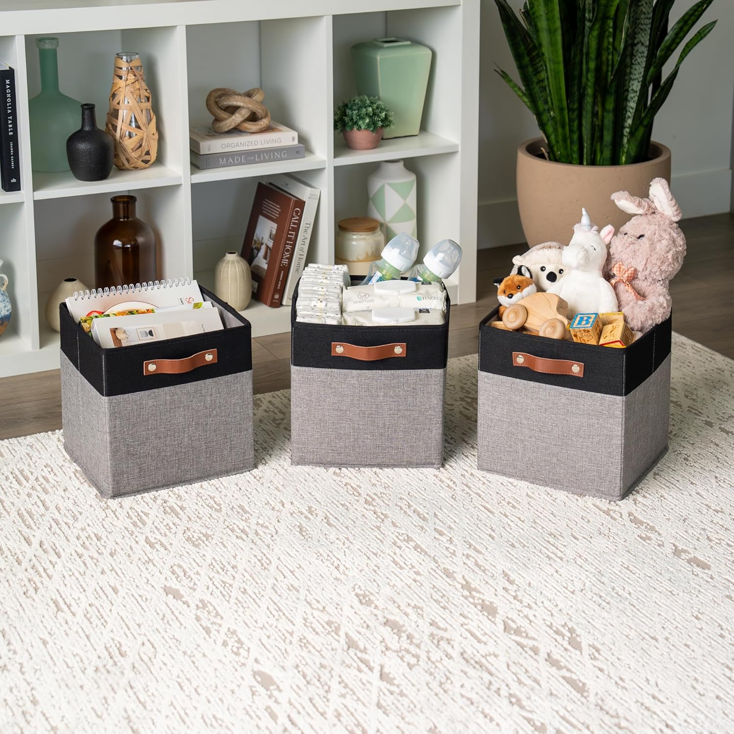 OrganiHaus 11x11 Cube Storage Bins - Set of 4, Fabric Cubby Bins with Vegan Handles, Square Storage Cubes in Gray/Black