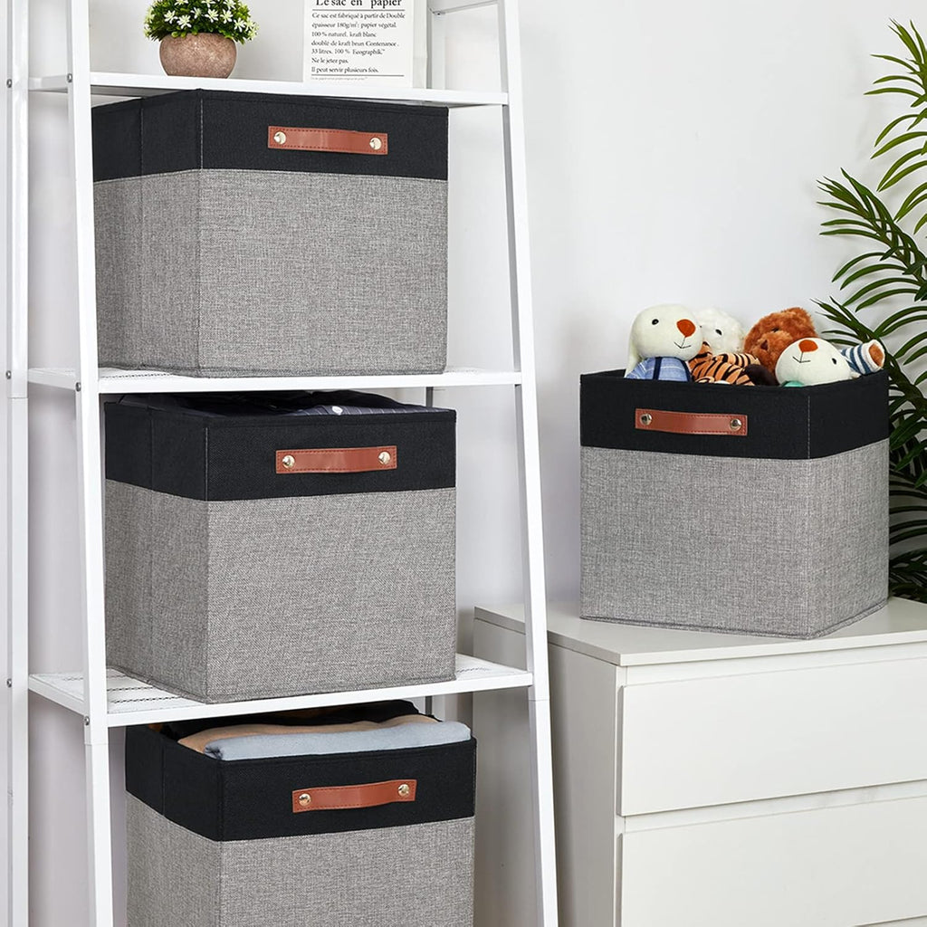 Temary 13 x 13 Storage Cubes Foldable Storage Cubes 4 Pack Canvas Storage Bin for Home, Square Storage Baskets with Leather Handles (Black&Grey)