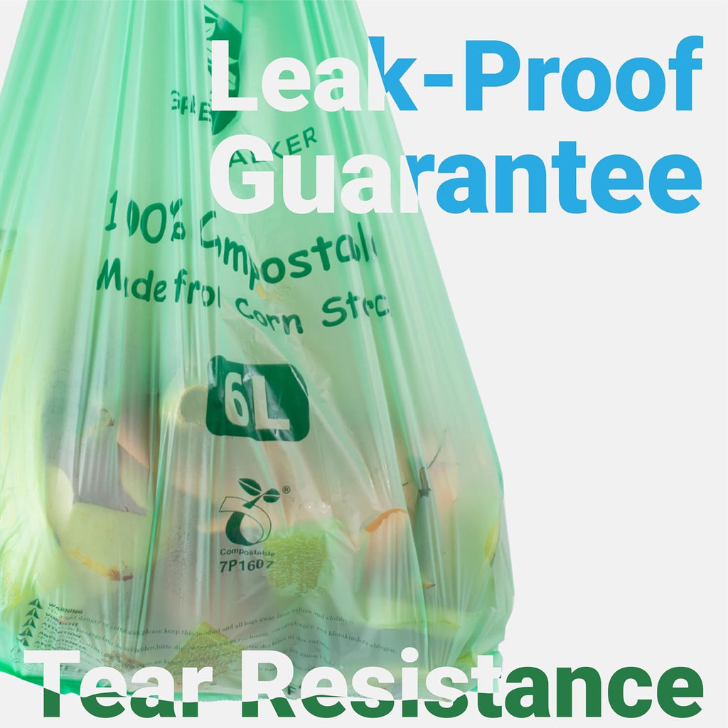 GREENER WALKER 100% Compostable Trash Bags with Tie Handles, 1.6 Gallon-150Bags, Food Scrap Kitchen Waste Bags with EN13432 Certified