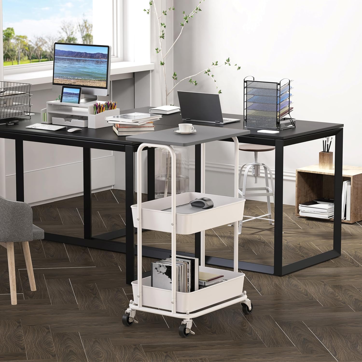 Simple Houseware 2-Tier Rolling Utility Cart with Lockable Wheels and Wood Top, Metal Storage Organizer Trolley for Kitchen, Bathroom, Office, Craft Room, Grey