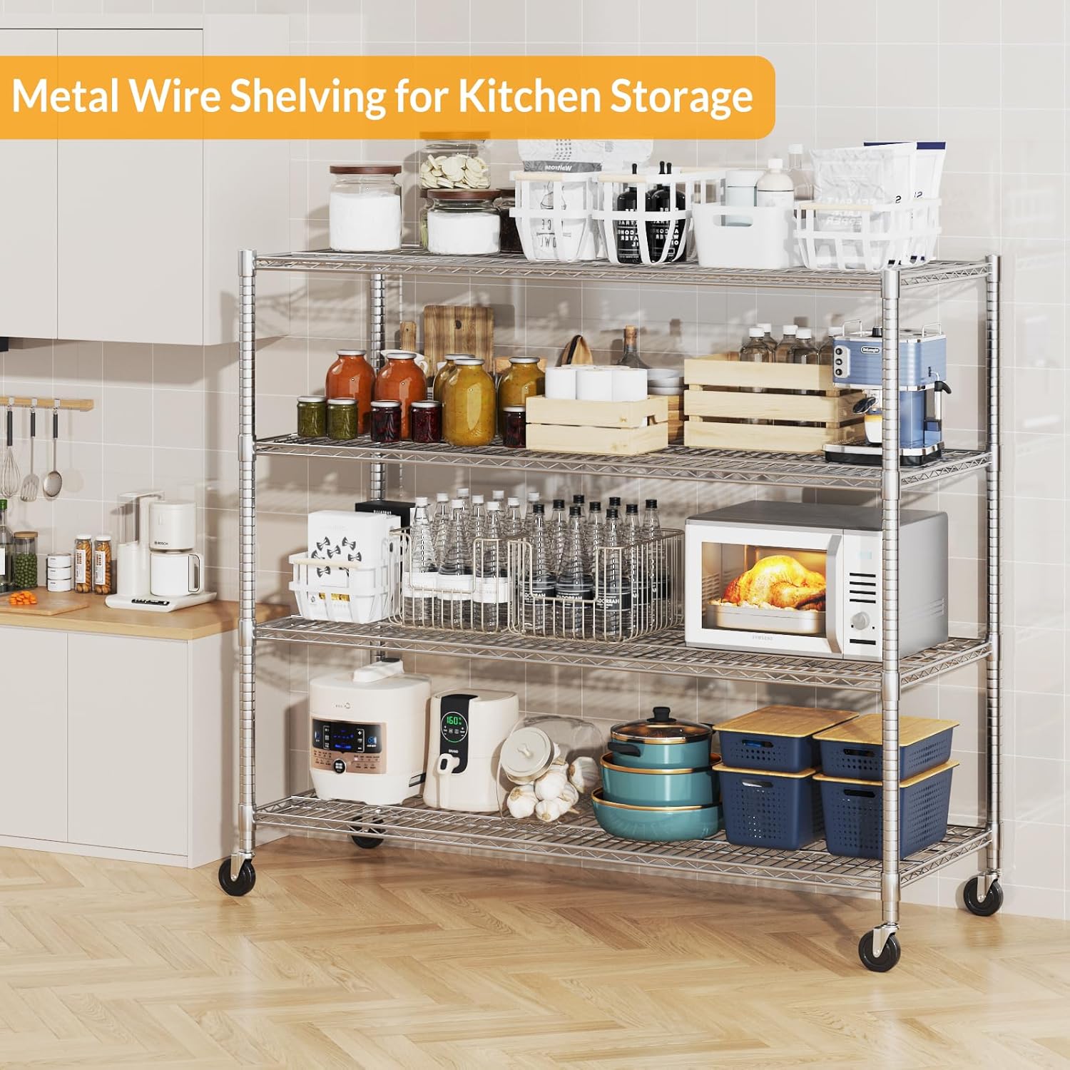 Himimi Storage Shelves with Wheels, 4-Tier Heavy Duty Steel Wire Rack Storage Shelving, Adjustable Metal Storage Shelves for Garage Kitchen Pantry Bathroom Laundry 18" D*60" W*72" H, Silver