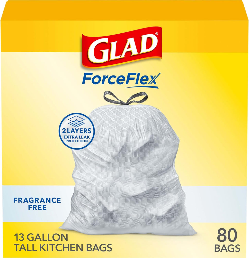 Glad ForceFlex Tall Kitchen Drawstring Trash Bags, 13 Gal, Fragrance Free, 80 Ct (Package May Vary)