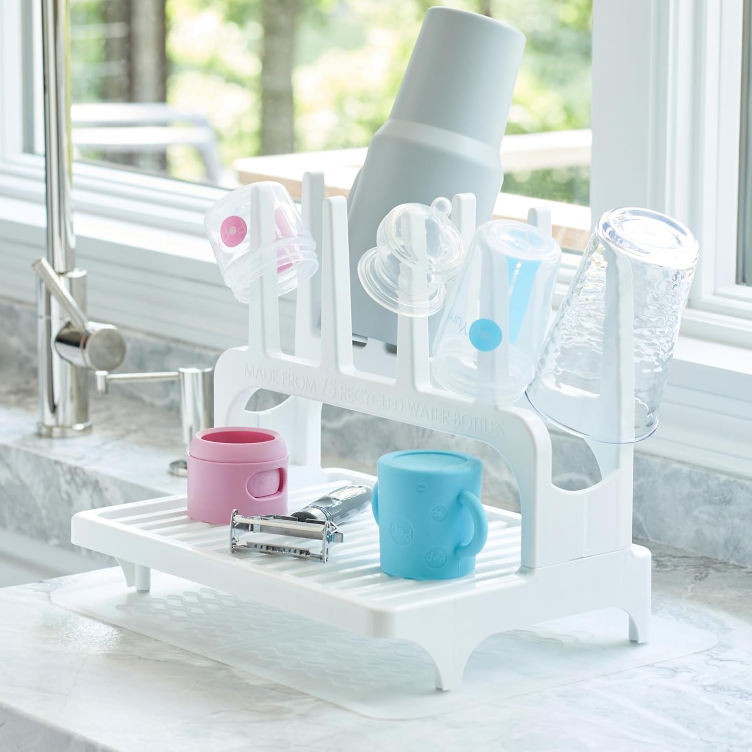PopYum Glacier White Space Saving Drying Rack from 100% Recycled Bottles with Clear Frosted Silicone Drying Mat, countertop for Baby Bottles, Plastic Bags, Cups, Glass, tumblers, Compact