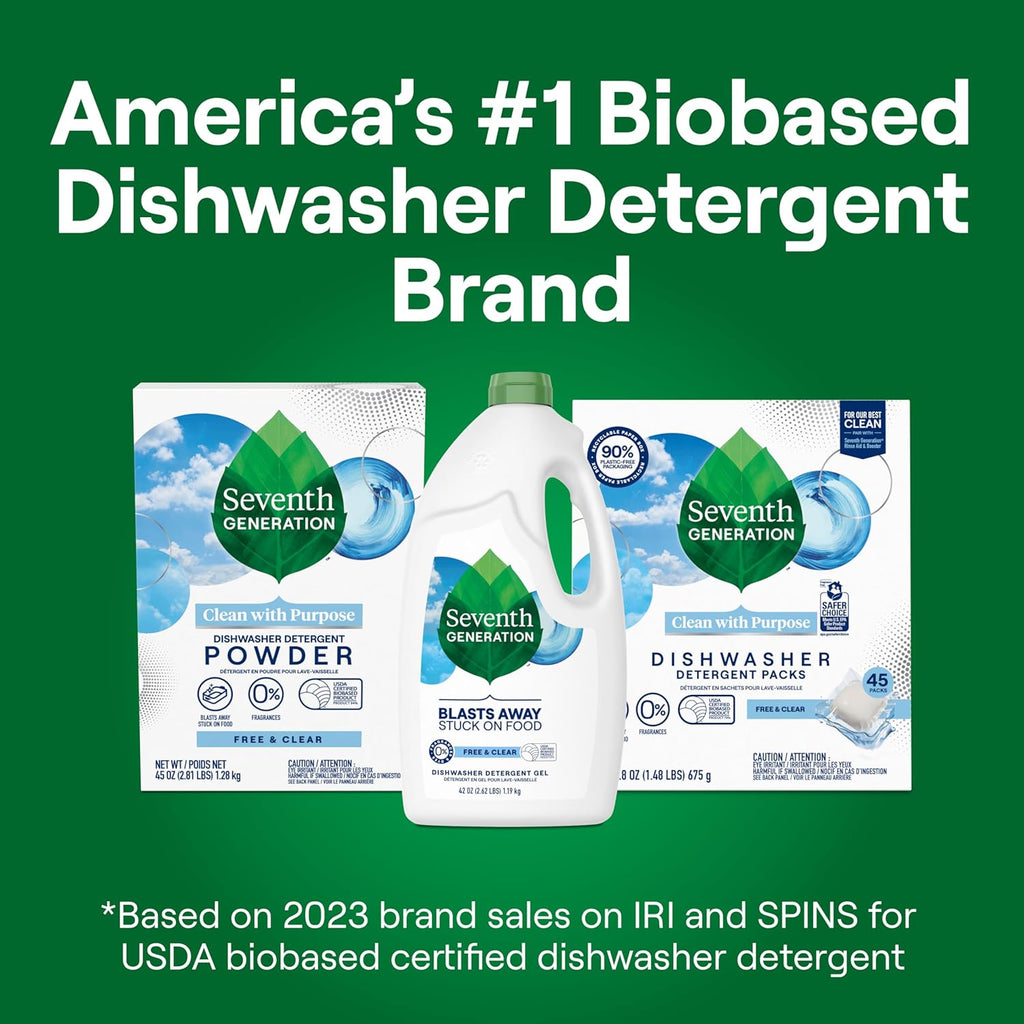 Seventh Generation Dishwasher Detergent Gel for Sparkling Dishes Free & Clear Fragrance Free 42 oz, Pack of 6